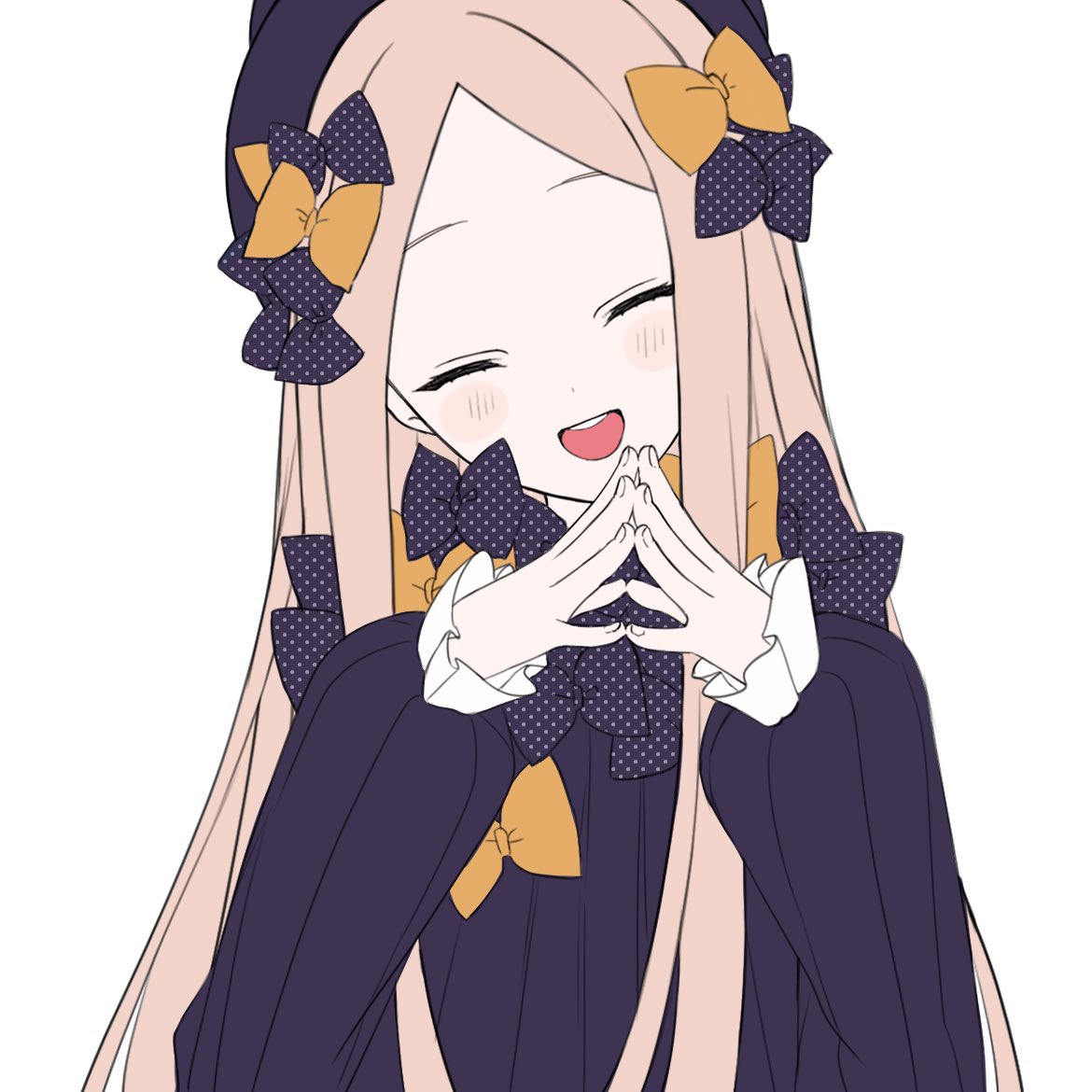 1girl :d abigail_williams_(fate) black_bow black_dress black_headwear blush_stickers bow closed_eyes commentary dress fate/grand_order fate_(series) fingernails hair_bow hat head_tilt light_brown_hair long_hair long_sleeves looking_at_viewer multiple_hair_bows open_mouth orange_bow parted_bangs polka_dot polka_dot_bow simple_background smile solo steepled_fingers sumi_(gfgf_045) teeth upper_body upper_teeth_only white_background