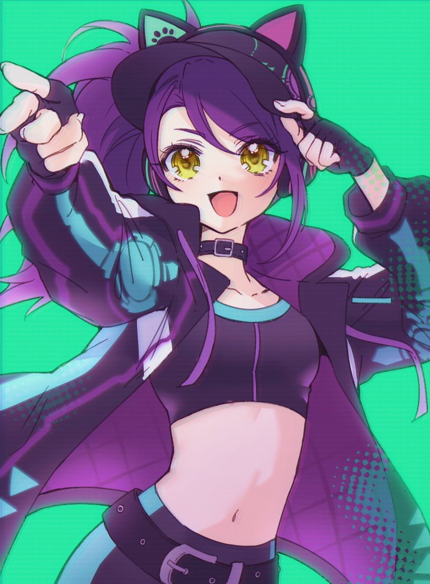 1girl :d animal_ear_headphones animal_ears arms_up baseball_cap belt black_belt black_collar black_gloves black_headwear black_jacket breasts cat_ear_headphones collar commentary_request cowboy_shot crop_top fake_animal_ears fingerless_gloves gloves green_background hand_on_headwear hat headphones jacket jjuu0105 korean_commentary long_hair long_sleeves looking_at_viewer navel open_clothes open_jacket open_mouth pointing pointing_at_viewer pretty_series pripara purple_hair side_ponytail simple_background small_breasts smile solo standing toudou_shion yellow_eyes