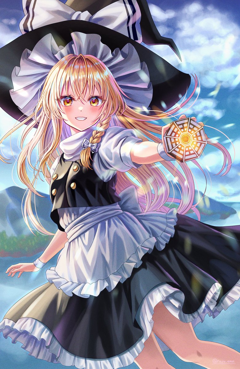 1girl apron black_vest blonde_hair blush bow braid cloud commentary_request grin hair_bow hat hat_bow highres kirisame_marisa long_hair looking_at_viewer mini-hakkero outdoors rouge_(my_rouge) short_sleeves side_braid single_braid smile solo touhou very_long_hair vest waist_apron water white_apron white_bow witch_hat yellow_eyes