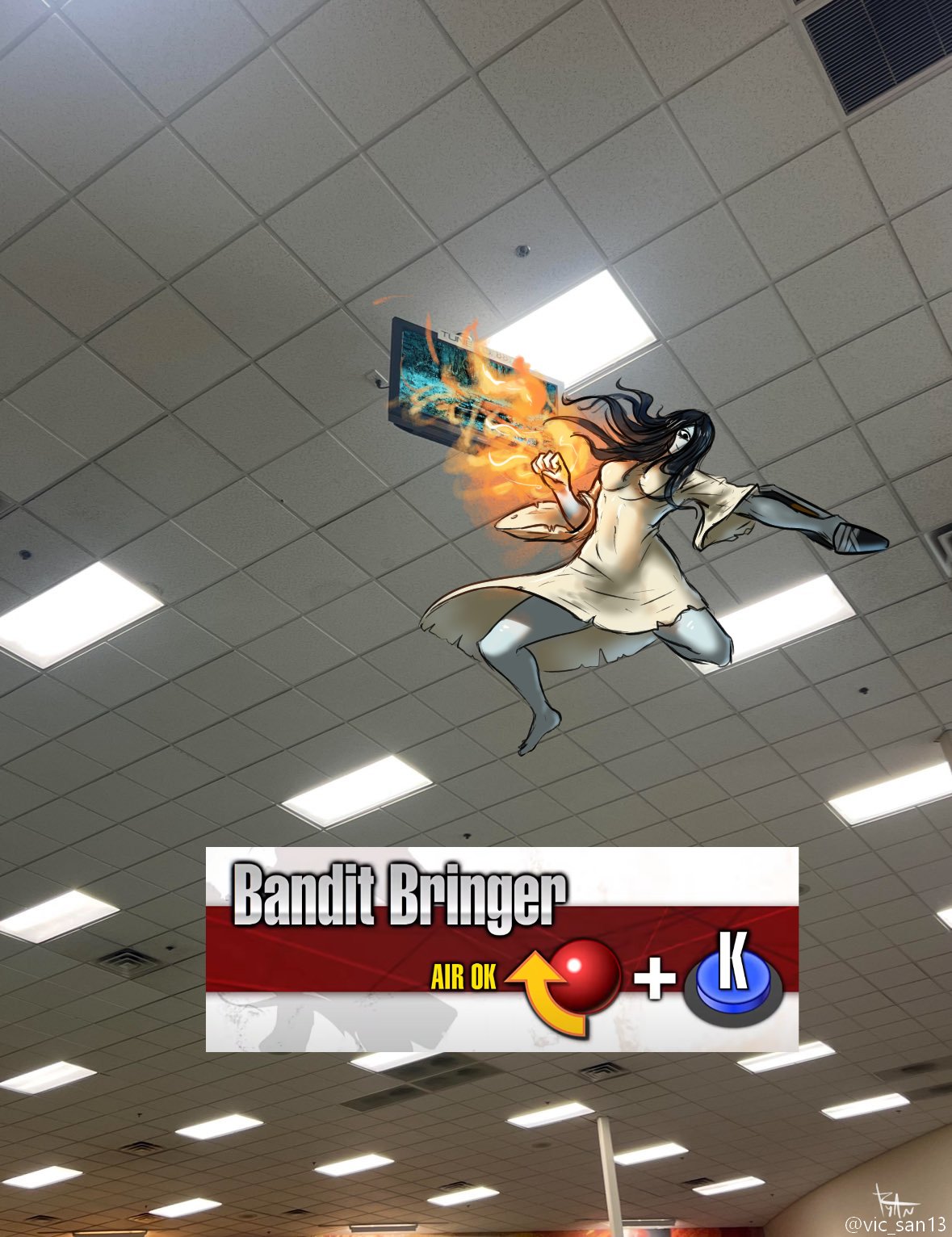 attack black_hair breasts ceiling ceiling_light cloak colored_skin command_input covered_navel dress fighting_game fire fluorescent_lamp from_below grey_skin guilty_gear guilty_gear_strive hair_over_one_eye highres holding holding_sword holding_weapon indoors long_hair medium_breasts meme midair photo_background robe sadako_ceiling_tv_redraws_(meme) short_sleeves signature sol_badguy sword television the_ring tile_ceiling tiles twitter_username vic_san13 weapon white_dress white_robe yamamura_sadako