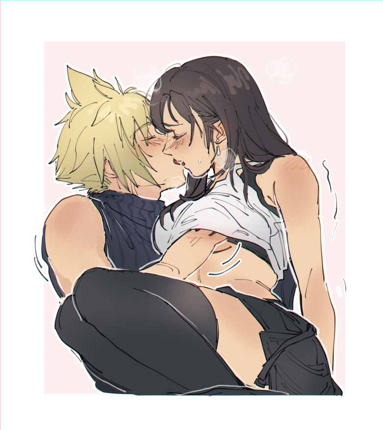 1boy 1girl arms_behind_back bare_shoulders black_hair black_skirt black_sports_bra black_thighhighs blonde_hair blush border breasts clothes_lift cloud_strife couple crop_top earrings feet_out_of_frame final_fantasy final_fantasy_vii final_fantasy_vii_rebirth final_fantasy_vii_remake grabbing grabbing_another's_breast groping hetero jewelry kiss large_breasts long_hair midriff open_mouth profile pudelmudel shirt_lift short_hair single_earring sitting sitting_on_lap sitting_on_person skirt sleeveless sleeveless_turtleneck spiked_hair sports_bra sweatdrop sweater tank_top teardrop thighhighs tifa_lockhart turtleneck turtleneck_sweater white_border white_tank_top