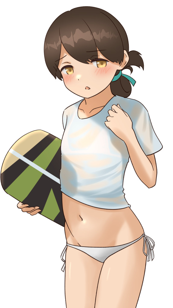 1girl bikini bikini_under_clothes black_hair brown_eyes cowboy_shot folded_ponytail kantai_collection kasuga_maru_(kancolle) kickboard one-hour_drawing_challenge ray.s shirt side-tie_bikini_bottom simple_background solo swept_bangs swimsuit t-shirt white_background white_bikini white_shirt