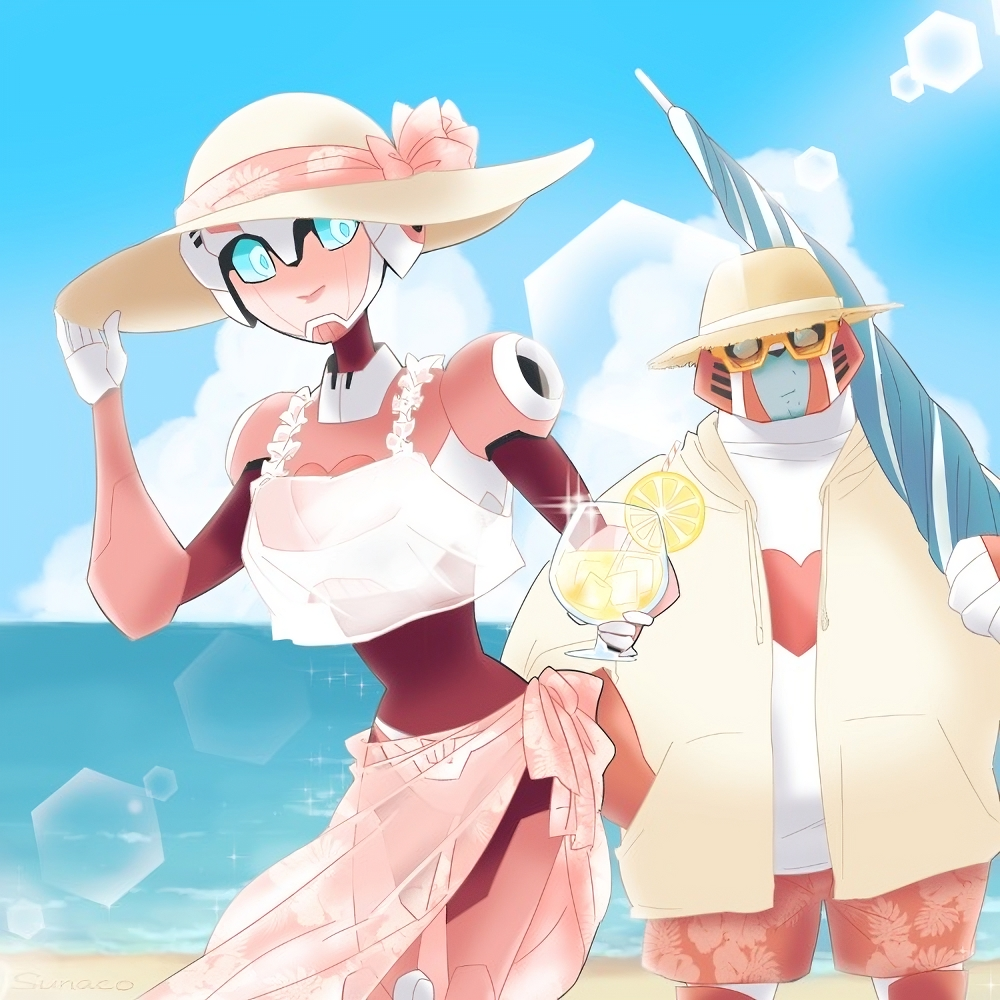 1boy 1girl arcee beach blue_eyes breasts curvy hat holding holding_clothes holding_hat humanoid_robot lemonade medium_breasts mijinkotail029 no_humans pink_lips ratchet_(transformers) resized robot robot_girl sunglasses sunlight transformers transformers_animated upscaled