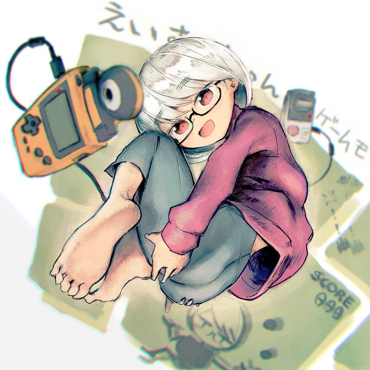 1girl :d ass borrowed_character brown_eyes capri_pants eisu-chan_(eisu) feet game_&amp;_watch game_boy game_boy_color glasses handheld_game_console highres mr._game_&amp;_watch original pants short_hair smile sweater swept_bangs turtleneck turtleneck_sweater white_hair yasushi