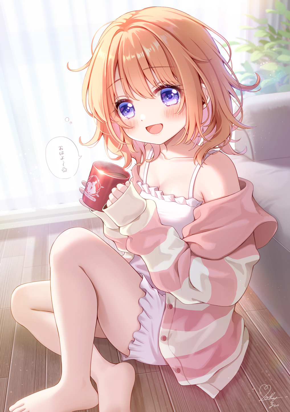 1girl :d bare_shoulders barefoot blush camisole coffee coffee_mug collarbone commentary_request cup day feet_out_of_frame gochuumon_wa_usagi_desu_ka? hands_up happy highres holding holding_cup hoto_cocoa indoors jacket knee_up looking_at_viewer medium_hair messy_hair mozukun43 mug on_floor open_clothes open_jacket open_mouth orange_hair purple_eyes sidelighting signature sitting sleeves_past_wrists smile solo spaghetti_strap speech_bubble striped_clothes striped_jacket sunlight tareme translated white_camisole window