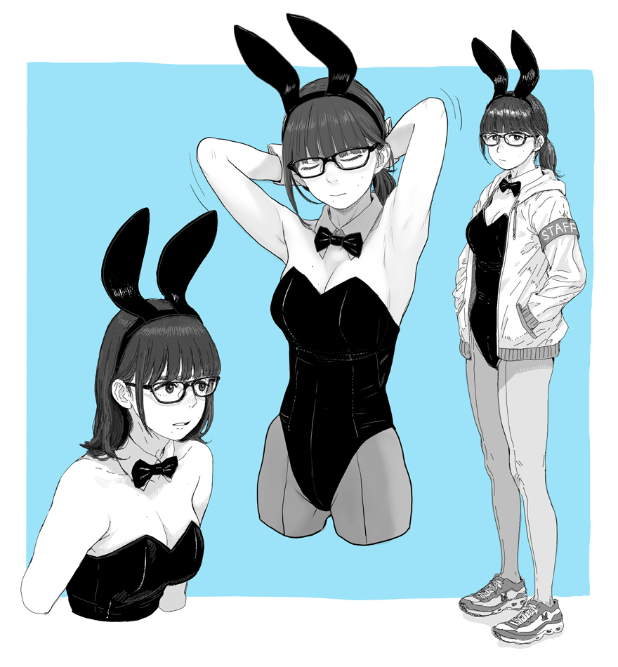 1girl :s animal_ears armband armpits arms_behind_head blue_background bow bowtie breasts bunny_day cleavage closed_eyes collarbone cropped_arms cropped_legs cropped_torso detached_collar fake_animal_ears full_body glasses greyscale_with_colored_background gufu_(guffuumu) hairband hands_in_pockets hood hoodie leotard looking_at_viewer medium_breasts medium_hair mole mole_on_breast mole_on_cheek mole_under_mouth multiple_views open_clothes open_hoodie original pantyhose parted_lips playboy_bunny ponytail rabbit_ears shoes single_sidelock sneakers standing wrist_cuffs