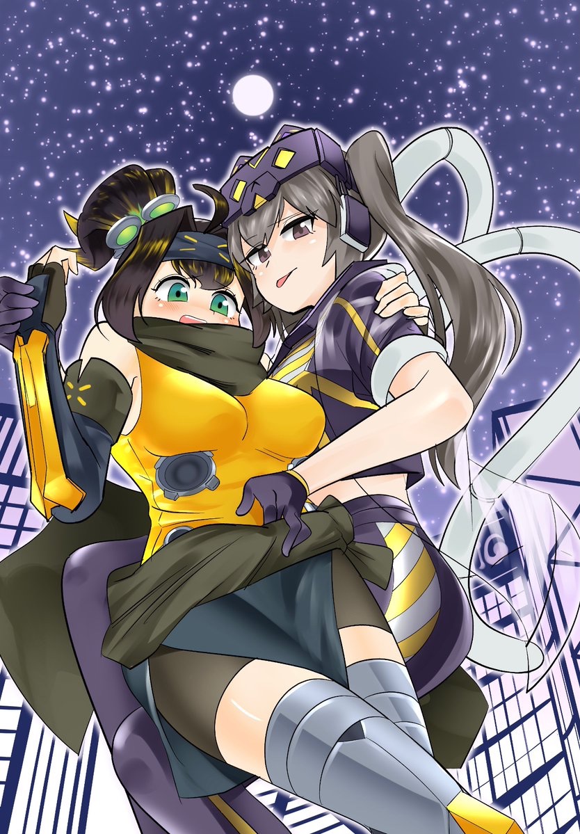 2girls :p ahoge black_scarf blush breasts brown_eyes city crop_top duel_monster gloves green_eyes hug i:p_masquerena implied_yuri large_breasts moon multiple_girls night night_sky pants ponytail purple_pants purple_skirt s-force_rappa_chiyomaru s:p_little_knight sawan_cutman scarf shirt skirt sky tongue tongue_out twintails yellow_shirt yu-gi-oh! zettai_ryouiki