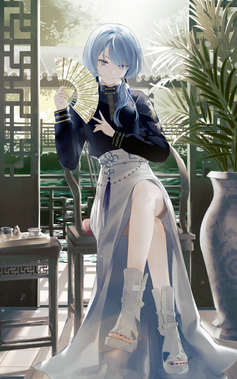 1girl architecture blue_eyes blue_hair blue_nails blue_shirt chair closed_mouth crossed_legs east_asian_architecture folding_fan full_body grey_footwear hair_over_shoulder hand_fan high-waist_skirt highres holding hololive hoshimachi_suisei hoshimachi_suisei_(8th_costume) iva_(iva4111) long_sleeves looking_at_viewer nail_polish official_alternate_costume plant potted_plant shadow shirt side_slit sitting skirt smile solo toeless_footwear toenail_polish toenails toes virtual_youtuber