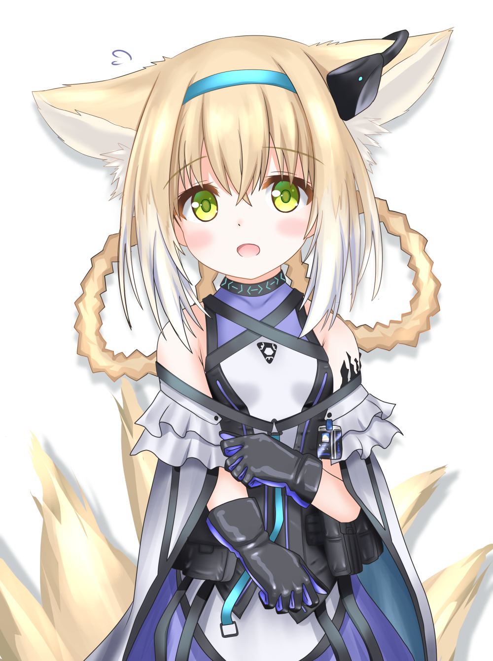 1girl :d animal_ear_fluff animal_ears arknights bangs bare_shoulders black_gloves blonde_hair blue_hairband blush braid breasts cloak commentary_request covered_collarbone eyebrows_visible_through_hair flying_sweatdrops fox_ears fox_girl fox_tail gloves green_eyes hair_between_eyes hair_rings hairband highres kitsune langley1000 long_hair looking_at_viewer open_mouth purple_shirt purple_skirt shirt simple_background skirt sleeveless sleeveless_shirt small_breasts smile solo suzuran_(arknights) tail twin_braids white_background white_cloak white_shirt