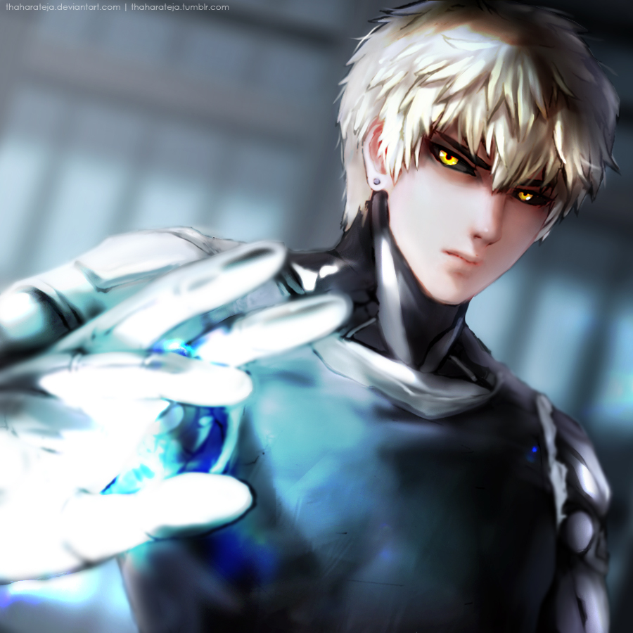 1boy black_sclera blonde_hair closed_mouth colored_sclera commentary cyborg earrings english_commentary genos jewelry male_focus one-punch_man photoshop_(medium) short_hair solo thaharateja web_address yellow_eyes