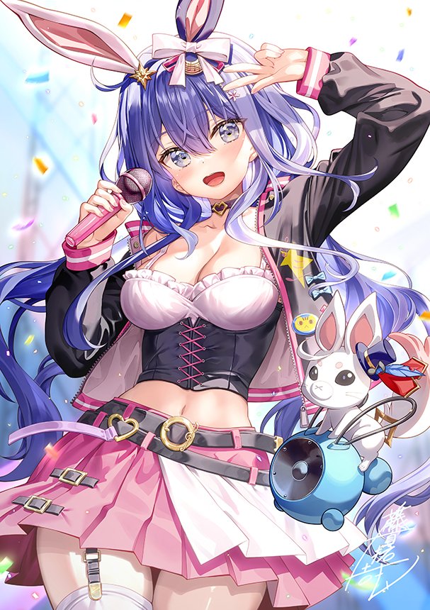 1girl animal animal_ears arm_up belt belt_buckle black_belt black_choker black_jacket blurry blurry_background breasts buckle bustier choker cleavage collarbone commentary_request confetti depth_of_field fujima_takuya holding holding_microphone jacket long_sleeves medium_breasts microphone navel open_clothes open_jacket pink_skirt pleated_skirt project_miyabi puffy_long_sleeves puffy_sleeves rabbit rabbit_ears skirt sleeves_past_wrists solo thighhighs virtual_youtuber white_thighhighs yuri_komaki