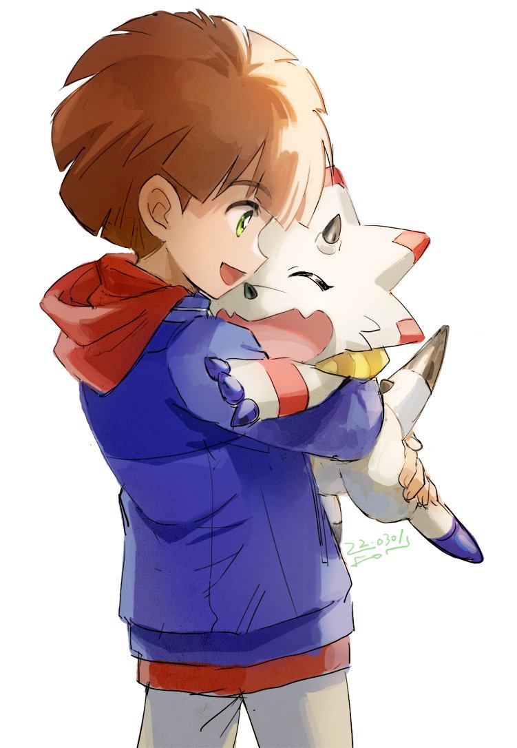 1boy amanokawa_hiro blue_jacket brown_hair dated digimon digimon_(creature) digimon_ghost_game fon-due_(fonfon) gammamon green_eyes grey_pants holding_digimon hood hooded_sweater hug jacket long_sleeves male_focus open_mouth pants red_sweater short_hair signature simple_background sweater white_background