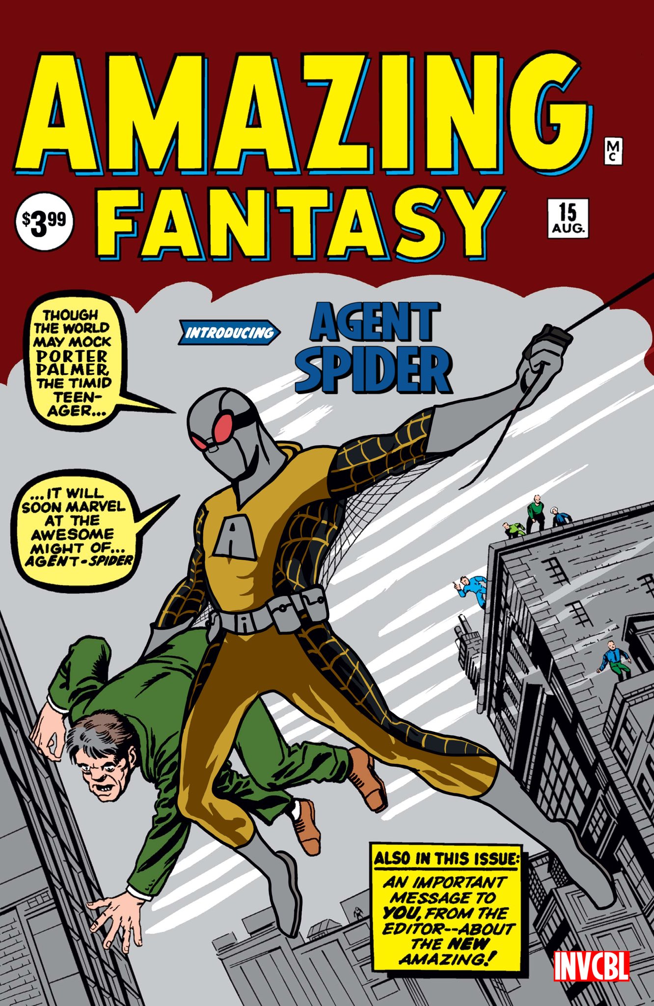 2boys 5others agent_spider belt bodysuit character_name comic_cover commentary dated english_commentary english_text grey_footwear highres invincible_(series) male_focus mask multiple_boys multiple_others price_tag retro_artstyle silk sky skyline speech_bubble spider_web superhero_costume title_page transgoofball utility_belt western_comics_(style)