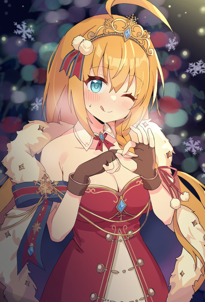 1girl ;q ahoge blue_eyes blurry bokeh breasts breath brown_gloves cape cleavage collarbone dark_background depth_of_field detached_collar dress fingerless_gloves fur-trimmed_cape fur_trim gloves hair_between_eyes large_breasts long_hair off-shoulder_dress off_shoulder official_alternate_costume one_eye_closed orange_hair pecorine_(christmas)_(princess_connect!) pecorine_(princess_connect!) penetration_gesture princess_connect! red_dress sidelighting sidelocks snowflakes solo sshyeok sweatdrop tiara tongue tongue_out