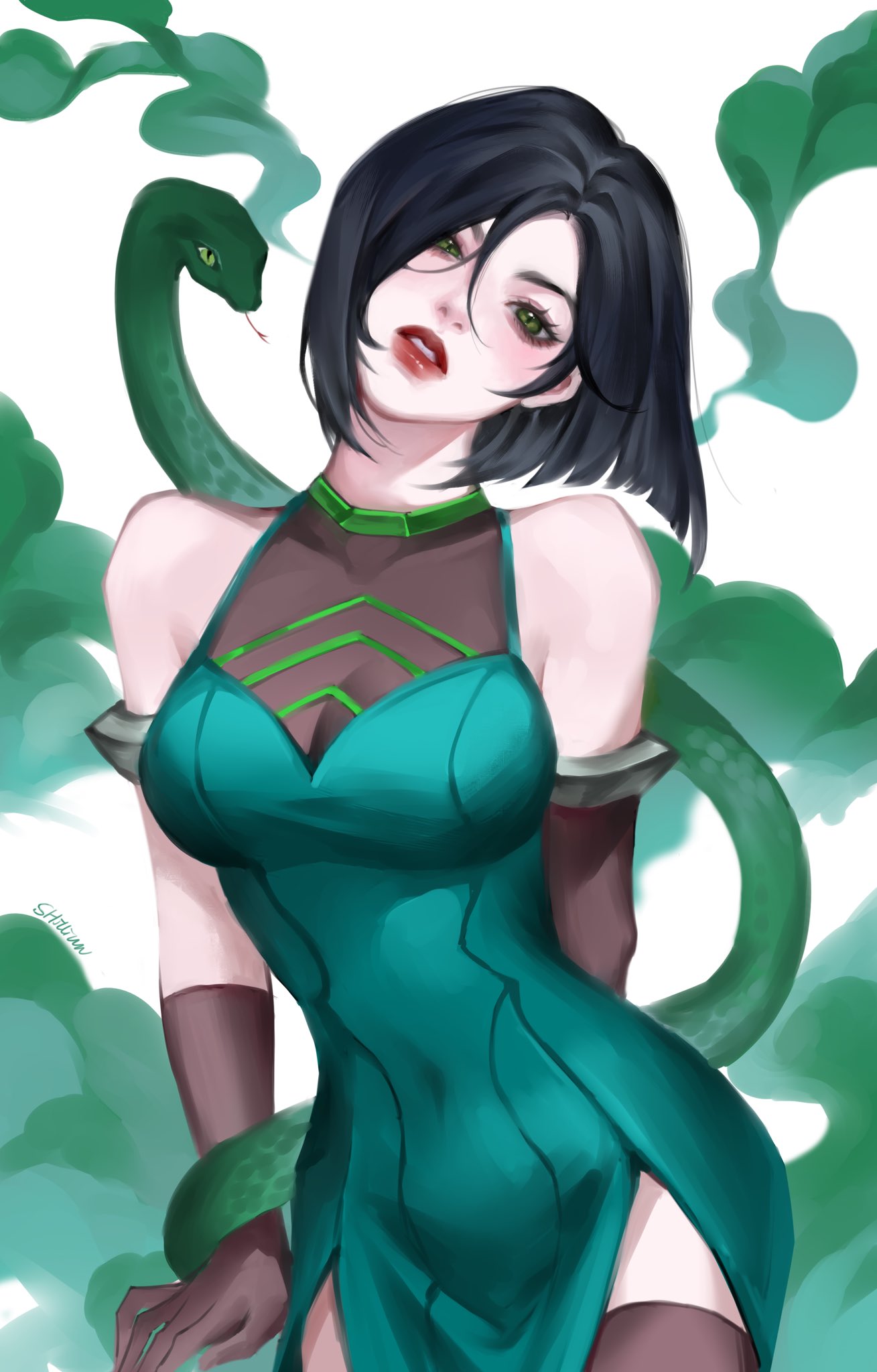 1girl alternate_costume black_gloves black_hair black_thighhighs blush breasts colored_smoke covered_navel dress elbow_gloves gloves green_dress green_eyes hair_between_eyes highres looking_at_viewer medium_breasts parted_lips red_lips short_hair single_elbow_glove snake solo thighhighs valorant viper_(valorant) wan_wan white_background