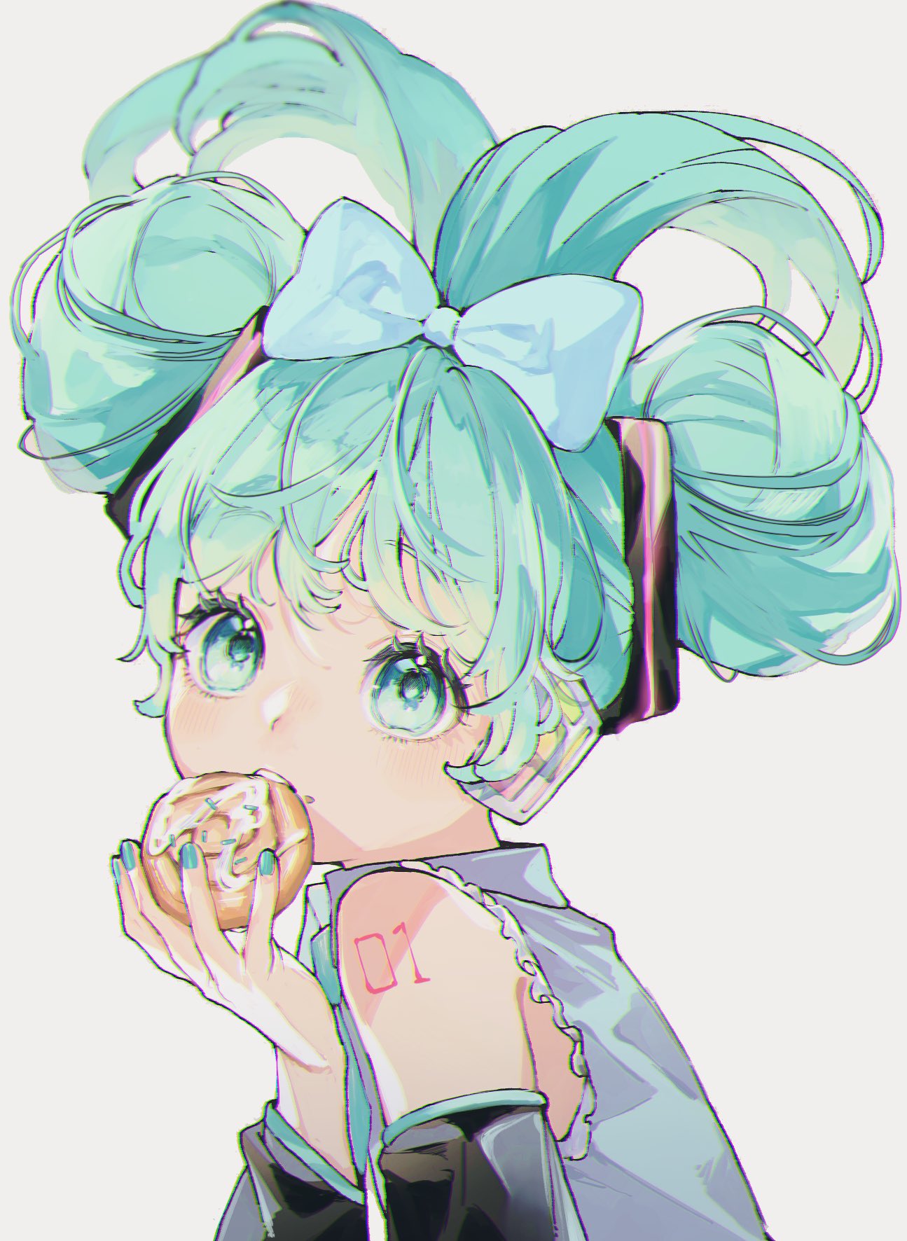 1girl aqua_eyes aqua_hair aqua_nails aqua_necktie bare_shoulders blue_bow bow cinnamiku collared_shirt detached_sleeves double_bun eating eyelashes food food_on_face frills grey_shirt hair_bow hair_bun hand_up hatsune_miku headphones highres holding holding_food long_hair looking_at_viewer looking_to_the_side mrfluffyspiky nail_polish necktie number_tattoo open_mouth shirt shoulder_tattoo simple_background solo tattoo updo upper_body vocaloid