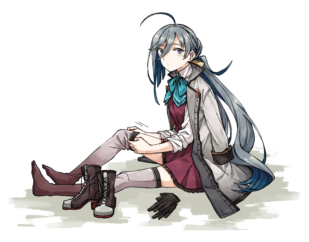 1girl ahoge black_gloves blue_bow blue_bowtie blue_hair boots bow bowtie coat coat_on_shoulders cross-laced_footwear dress dressing full_body gloves grey_hair grey_thighhighs hair_between_eyes hair_ribbon kantai_collection kiyoshimo_(kancolle) kiyoshimo_kai_ni_(kancolle) lace-up_boots long_hair looking_at_viewer miroku_san-ju multicolored_hair purple_dress purple_eyes ribbon shirt shoes simple_background sitting solo thighhighs twintails unworn_gloves unworn_shoes very_long_hair white_shirt