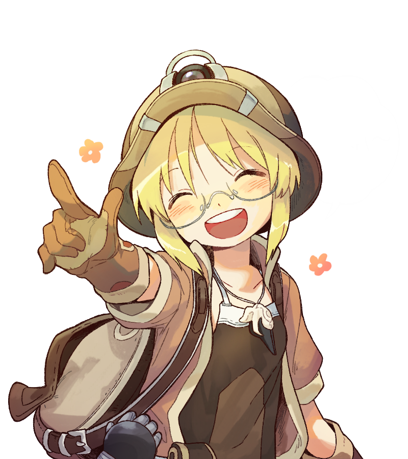 1girl ^_^ backpack bag blonde_hair blush brown_gloves brown_hat brown_jacket brown_shirt child chinese_commentary closed_eyes collarbone collared_jacket commentary_request elbow_gloves facing_viewer flower_(symbol) glasses gloves happy helmet huaihuaijikuai jacket jewelry made_in_abyss medium_hair open_clothes open_jacket open_mouth outstretched_arm pendant pointing pointing_forward riko_(made_in_abyss) semi-rimless_eyewear shirt simple_background solo under-rim_eyewear upper_body white_background