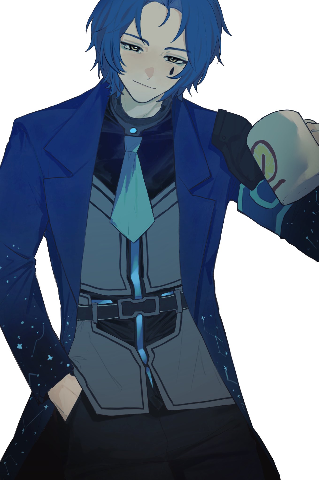 1boy armor black_pants black_shirt blue_hair blue_necktie chesed_(project_moon) closed_mouth cowboy_shot cup e.g.o_(project_moon) hand_up highres holding holding_cup lobotomy_corporation looking_at_viewer male_focus medium_hair mug necktie pants parted_bangs pauldrons project_moon shirt shoulder_armor simple_background smile solo white_background yellow_eyes zygyzy_031