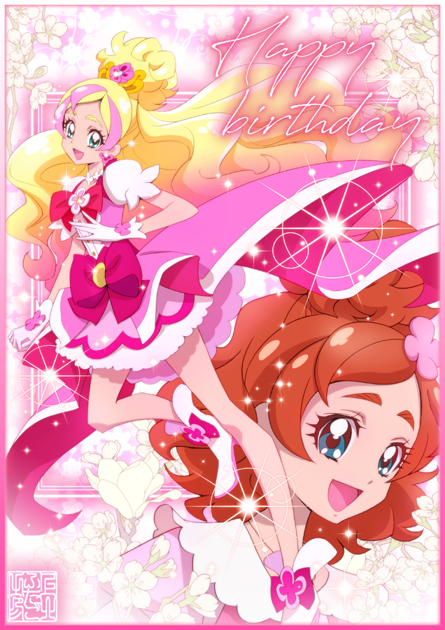 2girls artist_logo blonde_hair boots bow brown_eyes choker cure_flora earrings flower flower_earrings flower_necklace gloves go!_princess_precure green_eyes happy_birthday haruno_haruka jewelry kamikita_futago long_hair looking_at_viewer magical_girl multicolored_hair multiple_girls open_mouth pink_bow pink_hair pink_skirt precure puffy_sleeves skirt smile streaked_hair two-tone_hair waist_bow waist_brooch white_gloves