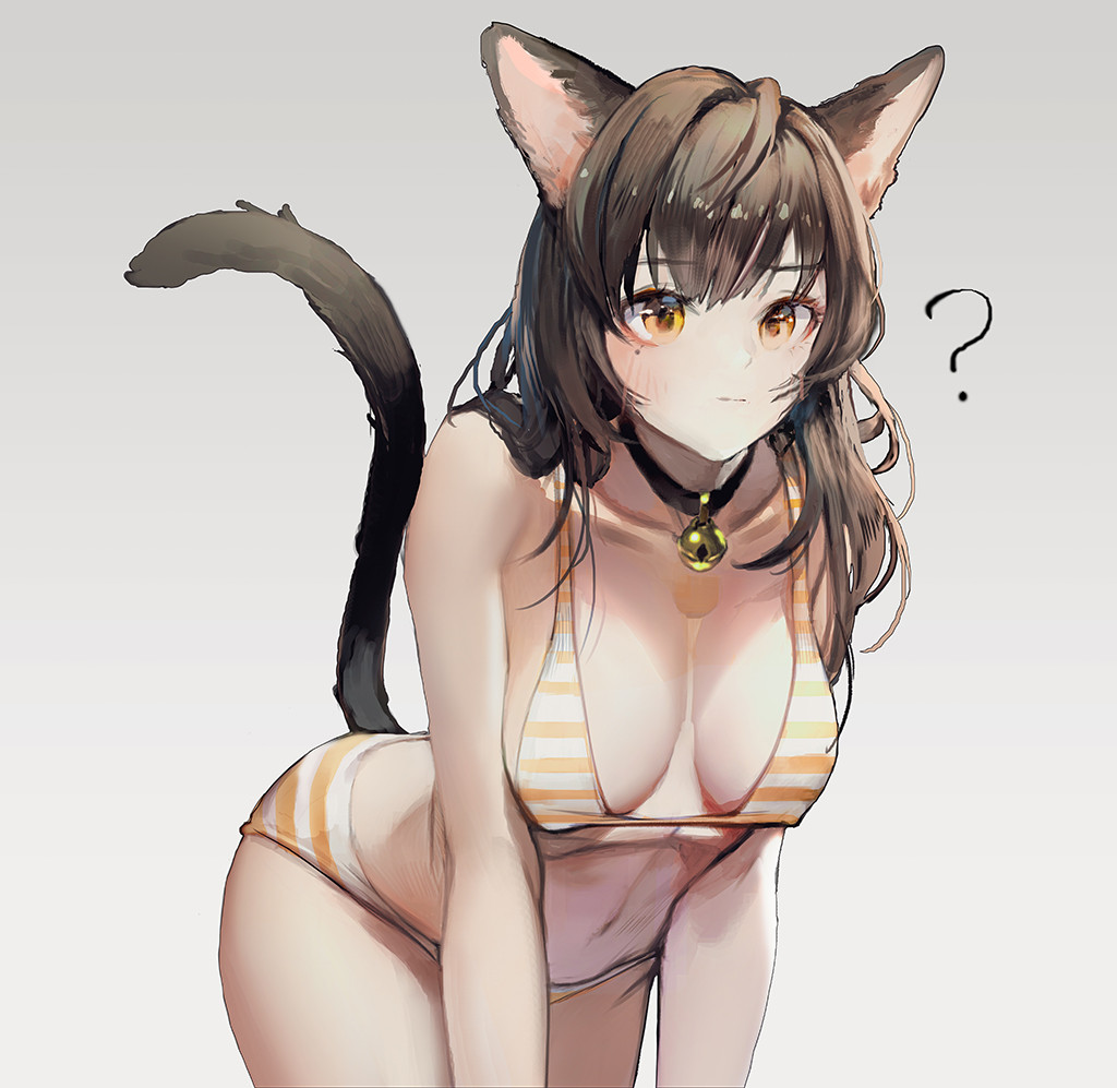 1girl ? animal_ears arm_support bell bikini black_collar black_tail blush_visible_through_hair breasts breasts_apart brown_hair cat_ears cat_girl cat_tail closed_mouth collar collarbone cowboy_shot english_commentary grey_background hair_over_shoulder halterneck jingle_bell large_breasts leaning_forward long_hair mole mole_under_eye multicolored_bikini multicolored_clothes navel orange_bikini orange_eyes original solo striped_bikini striped_clothes swimsuit tail white_bikini yeonjun_park