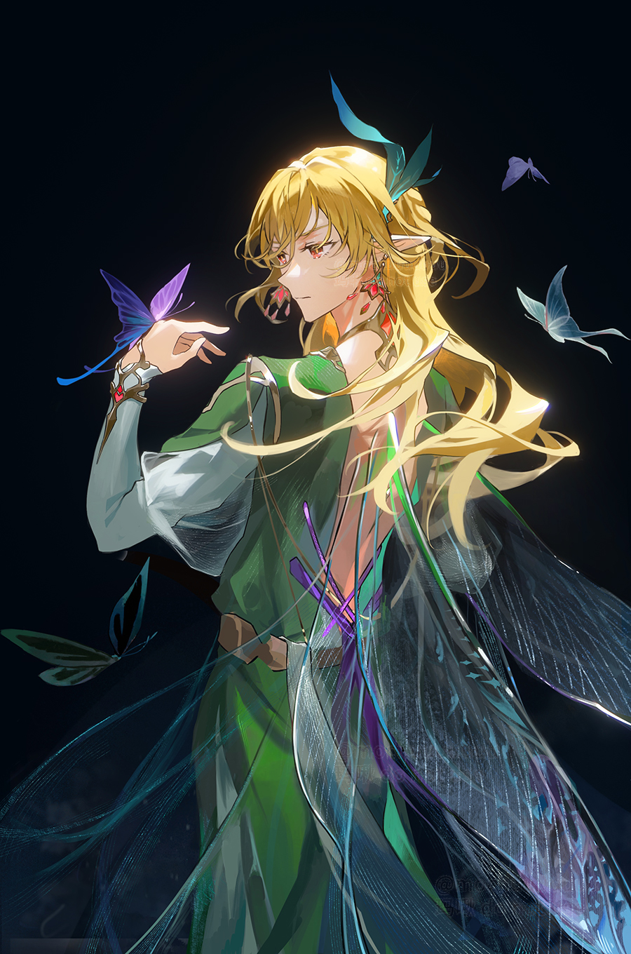 1boy artist_name belt blonde_hair brown_belt bug butterfly butterfly_on_hand chinese_commentary closed_mouth commentary_request earrings expressionless eyelashes fairy fairy_wings feather_hair_ornament feathers floating_hair from_behind genshin_impact green_robe hair_between_eyes hair_ornament hand_up highres jewelry kaveh_(genshin_impact) long_hair long_sleeves looking_to_the_side male_focus mochuuuuuuu pointy_ears purple_butterfly purple_ribbon red_eyes ribbon robe sidelocks solo standing twitter_username watermark wings