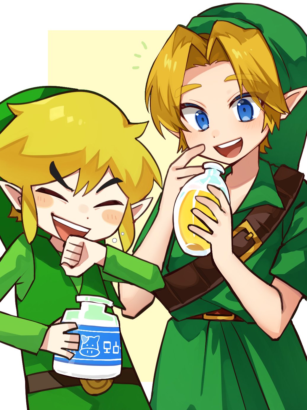 2miki_moon 5_fingers belt beverage blonde_hair blue_eyes blush bottle clothing container elf fingers hair hat headgear headwear hi_res holding_beverage holding_bottle holding_container holding_object humanoid humanoid_pointy_ears hylian light_body light_skin male nintendo ocarina_of_time open_mouth open_smile shirt smile square_crossover the_legend_of_zelda toon_link topwear tunic wind_waker young_link