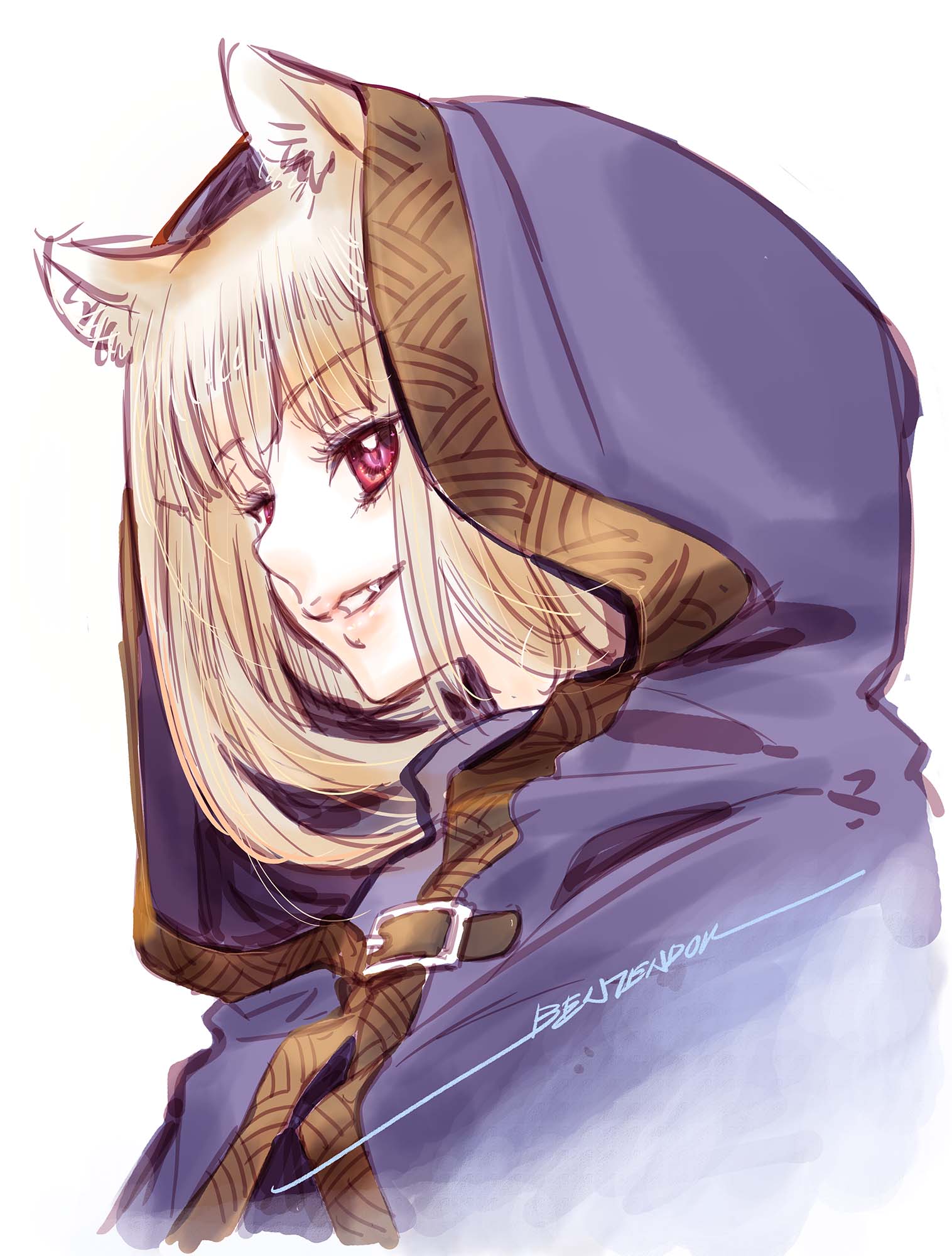 1girl animal_ear_fluff animal_ears belt blonde_hair fangs highres holo hood jitome long_hair looking_at_viewer looking_to_the_side red_eyes signature simple_background smirk solo spice_and_wolf upper_body white_background yonemura_kouichirou