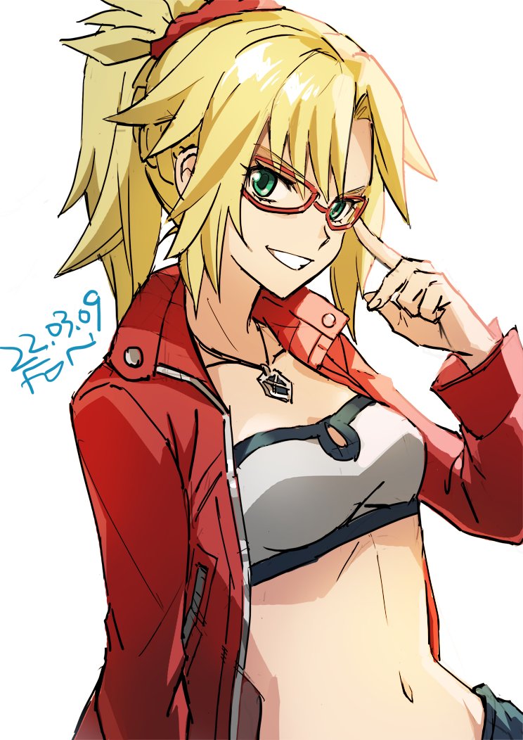 1girl blonde_hair collarbone crop_top dated eyelashes fate/apocrypha fate_(series) fingernails fon-due_(fonfon) green_eyes grin jacket jewelry long_sleeves mordred_(fate) mordred_(memories_at_trifas)_(fate) navel necklace ponytail red-framed_eyewear red_jacket red_scrunchie scrunchie shirt smile solo white_shirt