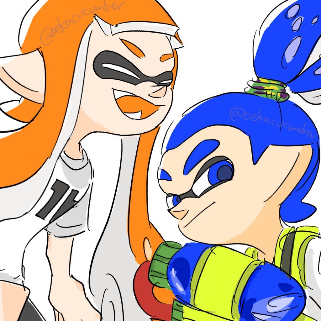 1boy 1girl :d blue_eyes blue_hair closed_eyes closed_mouth fangs flat_color inkling inkling_boy inkling_girl inkling_player_character long_hair oekacucumber official_style open_mouth orange_hair pointy_ears ponytail shirt short_hair short_sleeves simple_background smile splatoon_(series) splatoon_1 splattershot_(splatoon) suction_cups super_soaker t-shirt tentacle_hair twitter_username very_long_hair white_background white_shirt