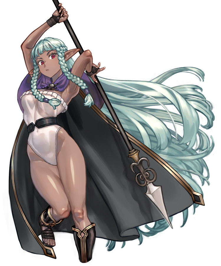 1girl aqua_hair braid braided_sidelock breasts cleavage cloak covered_navel dark-skinned_female dark_elf dark_skin elf green_cloak kahadu_(kawazu) leotard long_hair medium_breasts pointy_ears polearm purple_cloak red_eyes rosalinde_(unicorn_overlord) simple_background solo spear strapless thighs twin_braids unicorn_overlord very_long_hair weapon white_background white_leotard