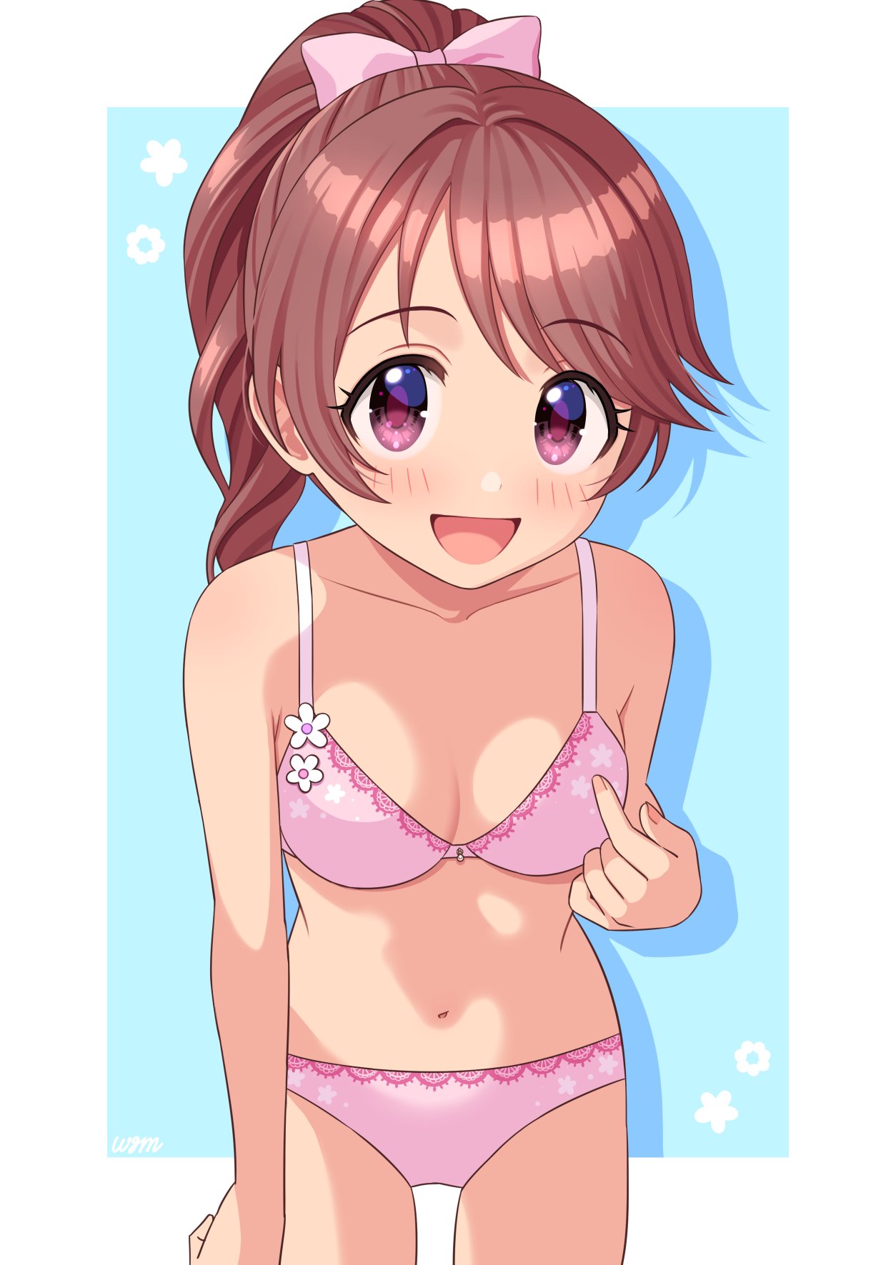 1girl blue_background blush bow bra breasts brown_hair collarbone commentary_request cowboy_shot floral_print hair_bow hand_up highres idolmaster idolmaster_cinderella_girls lace-trimmed_bra lace-trimmed_panties lace_trim long_hair looking_at_viewer navel open_mouth panties pink_bow pink_bra pink_panties ponytail print_bra print_panties red_eyes shadow shiina_noriko small_breasts smile solo stomach thighs underwear wgm_oekaki