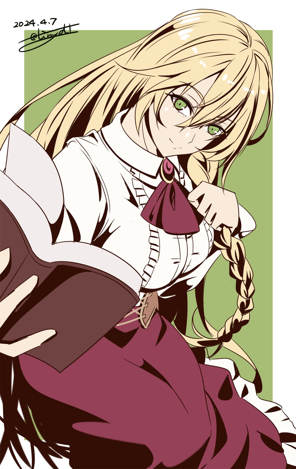 1girl arianrhod_(eiyuu_densetsu) blonde_hair book border braid breasts dated double-parted_bangs dress eiyuu_densetsu frilled_dress frills green_background green_eyes hair_between_eyes highres holding holding_book large_breasts long_hair open_book sen_no_kiseki signature simple_background single_braid smile solo tinybiard twitter_username white_border