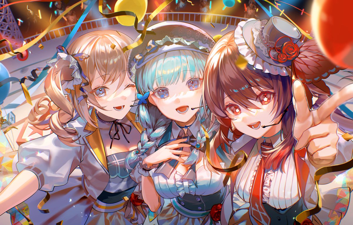 3girls alternate_costume alternate_hairstyle barbara_(genshin_impact) blonde_hair blue_eyes blue_hair braid breasts bright_pupils brown_hair butterfly_hair_ornament cleavage english_commentary flower-shaped_pupils genshin_impact hair_between_eyes hair_ornament hair_ribbon hair_scrunchie hat hu_tao_(genshin_impact) idol kamisato_ayaka long_hair looking_at_viewer medium_breasts mixed-language_commentary multiple_girls necktie one_eye_closed open_mouth red_eyes ribbon sainome_(imveryfinethx) scrunchie short_sleeves smile symbol-shaped_pupils teeth twin_braids twintails white_pupils