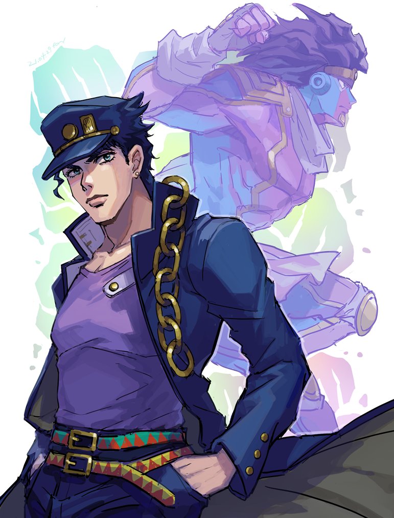 1boy belt black_hair blue_coat blue_eyes blue_hat blue_pants chain closed_mouth coat collarbone earrings fon-due_(fonfon) gakuran hand_in_pocket hat jewelry jojo_no_kimyou_na_bouken kujo_jotaro lips long_coat long_sleeves looking_at_viewer male_focus multiple_belts pants purple_shirt school_uniform shirt short_hair sideburns stand_(jojo) star_platinum stardust_crusaders