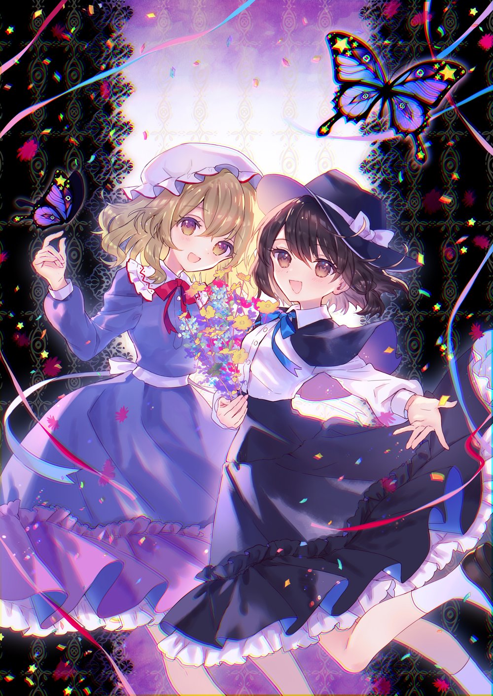 2girls :d black_capelet black_footwear black_hat black_skirt blonde_hair blue_flower bow brown_eyes brown_hair bug butterfly capelet commentary_request dress feet_out_of_frame flower frilled_skirt frills gradient_eyes hand_up hat hat_bow highres holding holding_flower long_hair long_sleeves looking_at_viewer maribel_hearn mob_cap multicolored_eyes multiple_girls open_mouth purple_dress purple_eyes purple_flower red_ribbon ribbon shirt shoes skirt smile socks torii_sumi touhou usami_renko white_bow white_shirt white_socks yellow_eyes yellow_flower