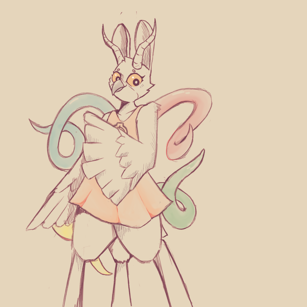 1:1 3_legs ambiguous_gender anthro avian beak bird clothing digitigrade dress feathers holemann horn horned_owl hybrid lagomorph looking_at_viewer mammal multicolored_tentacles orange_clothing orange_dress owl rabbit_ears scp-2703-1 solo standing tentacles true_owl winged_arms wings yellow_sclera