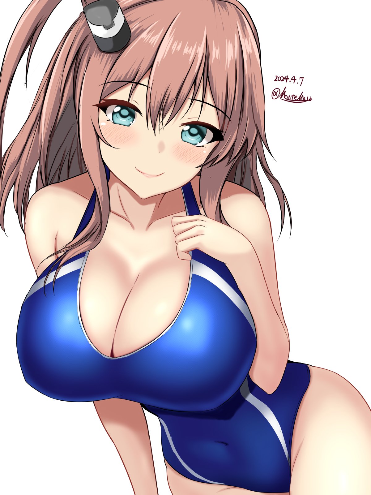 1girl blue_eyes blue_one-piece_swimsuit blush breasts brown_hair cleavage competition_swimsuit covered_navel cowboy_shot dated hair_between_eyes high_side_ponytail highleg highleg_swimsuit highres impossible_clothes impossible_swimsuit kantai_collection large_breasts long_hair looking_at_viewer montemasa multicolored_clothes multicolored_swimsuit one-hour_drawing_challenge one-piece_swimsuit ponytail saratoga_(kancolle) side_ponytail simple_background smile smokestack smokestack_hair_ornament solo swimsuit twitter_username two-tone_swimsuit white_background