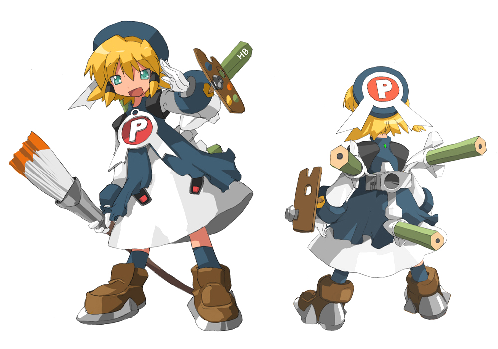 1girl blonde_hair blue_hat blue_jacket brown_footwear dress easel full_body giant_brush gloves green_eyes grey_dress hair_tubes hat holding holding_brush jacket looking_at_viewer multiple_views open_mouth oversized_object pencil pixiv pixiv-tan short_hair simple_background soutasan standing white_background white_gloves