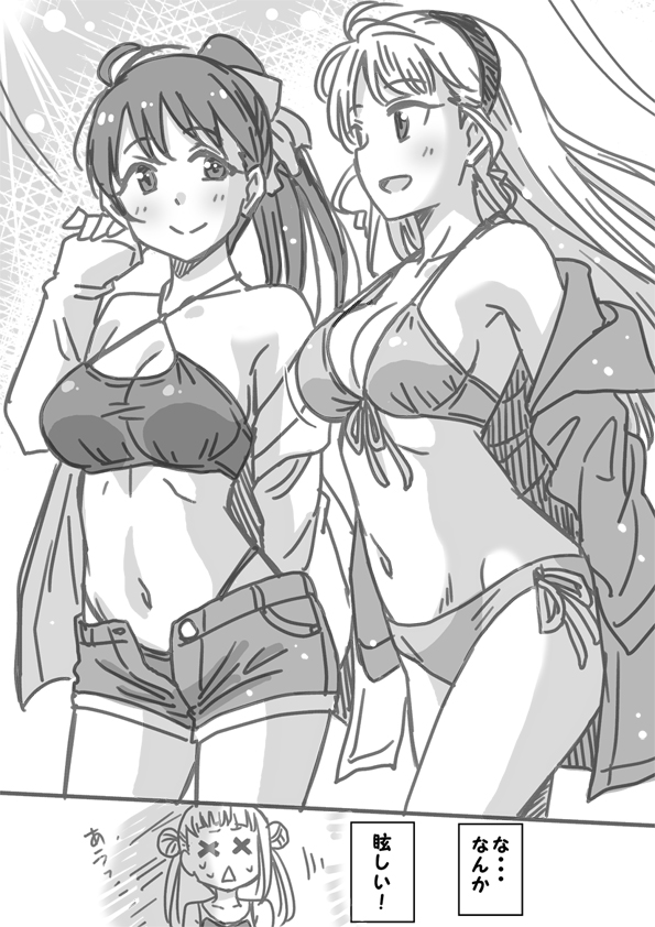 3girls :d arashi_chisato arms_at_sides bikini blunt_bangs breasts cleavage closed_mouth collarbone commentary_request criss-cross_halter double_bun front-tie_bikini_top front-tie_top greyscale hair_bun hairband halterneck hand_up hazuki_ren heanna_sumire high_ponytail highleg highleg_bikini jacket jacket_partially_removed large_breasts light_particles long_hair long_sleeves looking_at_another love_live! love_live!_superstar!! marugoshi_teppei monochrome multiple_girls navel open_fly open_mouth short_shorts shorts side-tie_bikini_bottom sideways_mouth sleeves_past_wrists smile split_mouth straight_hair sweat swimsuit translation_request triangle_mouth x_x