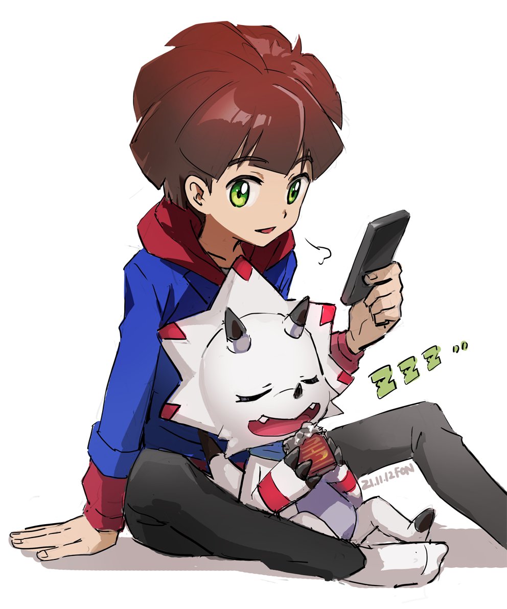 1boy amanokawa_hiro black_pants blue_jacket brown_hair cellphone commentary digimon digimon_(creature) digimon_ghost_game fon-due_(fonfon) gammamon green_eyes holding holding_phone hood hooded_sweater jacket looking_at_viewer male_focus open_mouth pants phone red_sweater short_hair sitting smartphone sweater symbol-only_commentary white_background zzz