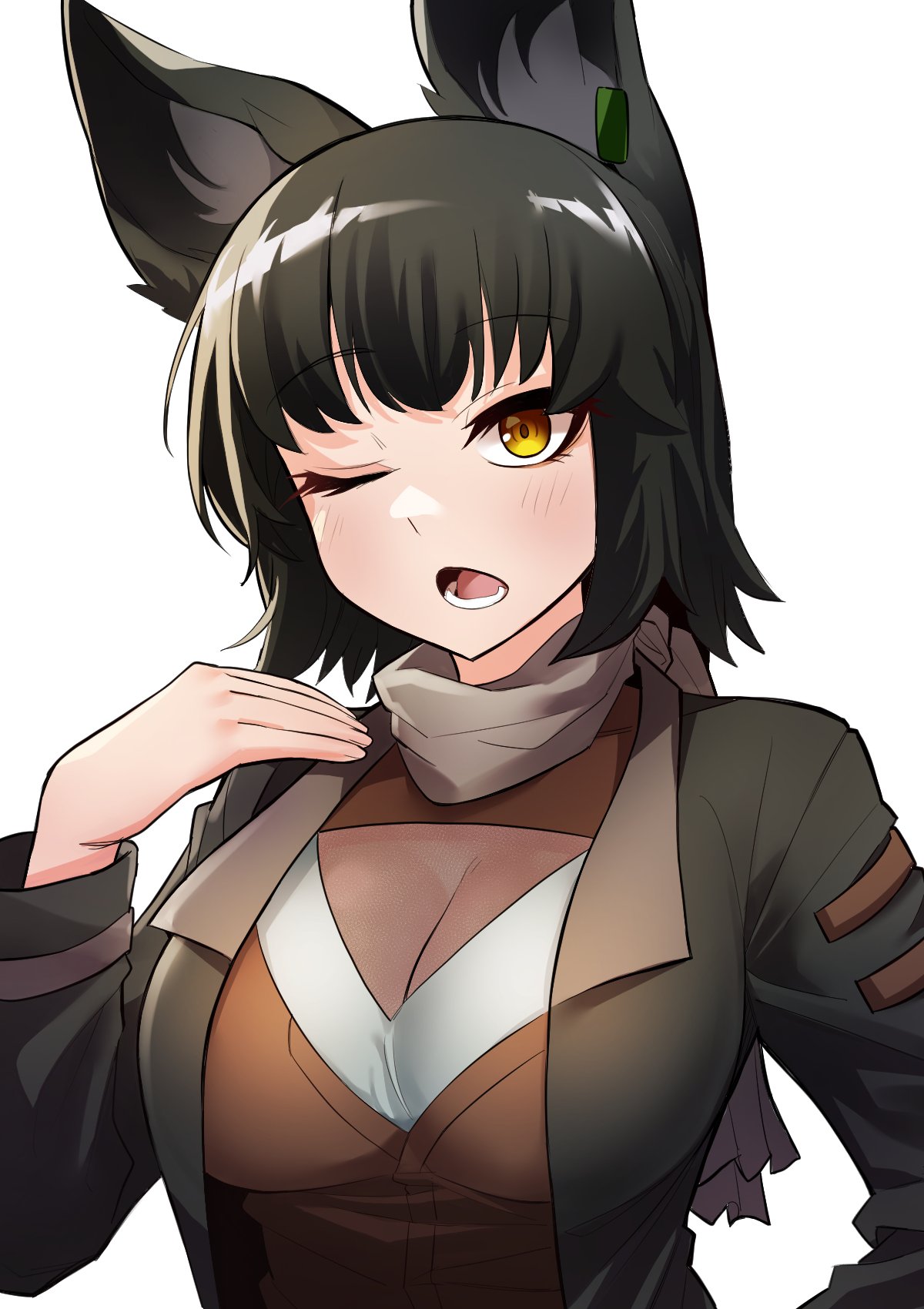 1girl animal_ear_fluff animal_ears bandana_around_neck black_hair collared_jacket commission dog_ears earclip hand_up highres jacket long_sleeves looking_at_viewer lower_teeth_only one_eye_closed open_clothes open_jacket open_mouth original short_hair solo sung08ko teeth upper_body white_background yellow_eyes