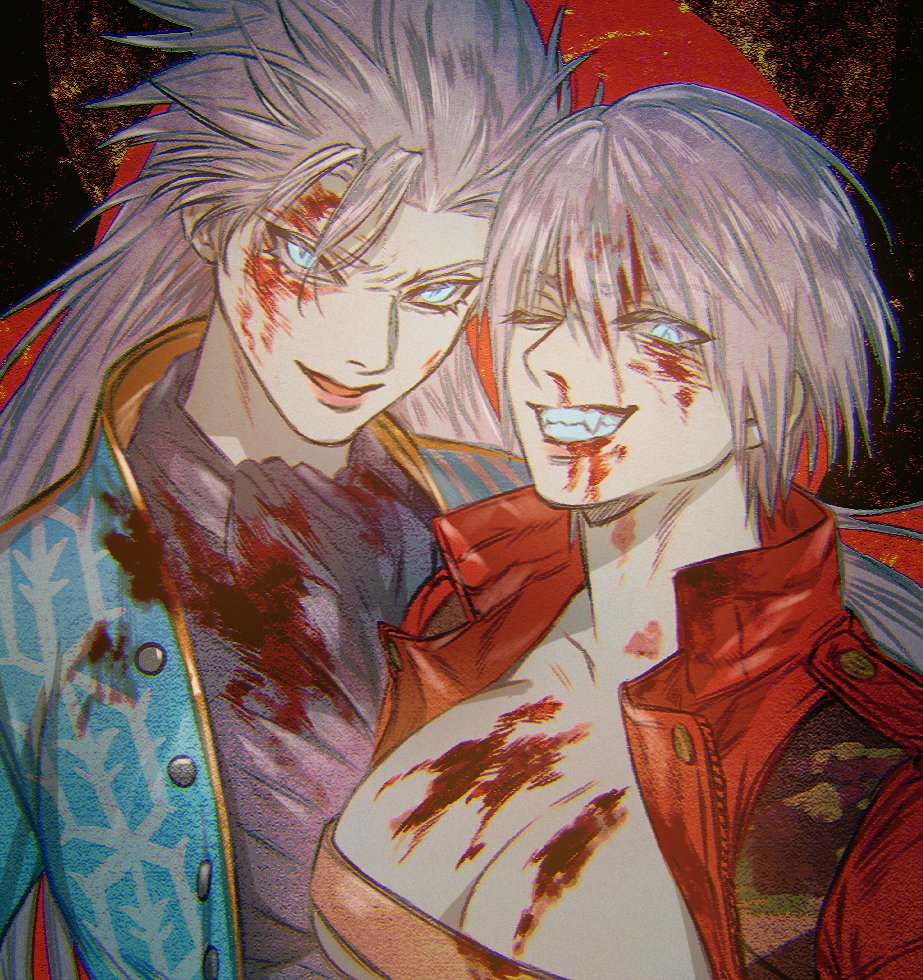 2girls belt_bra blood blood_on_body blood_on_face blue_coat blue_eyes coat dante_(devil_may_cry) devil_may_cry_(series) devil_may_cry_3 evil_grin evil_smile fingerless_gloves genderswap genderswap_(mtf) ghost69325932 gloves grin hair_slicked_back holding looking_at_viewer multiple_girls open_clothes red_coat short_hair siblings smile spiked_hair twins vergil_(devil_may_cry) white_hair