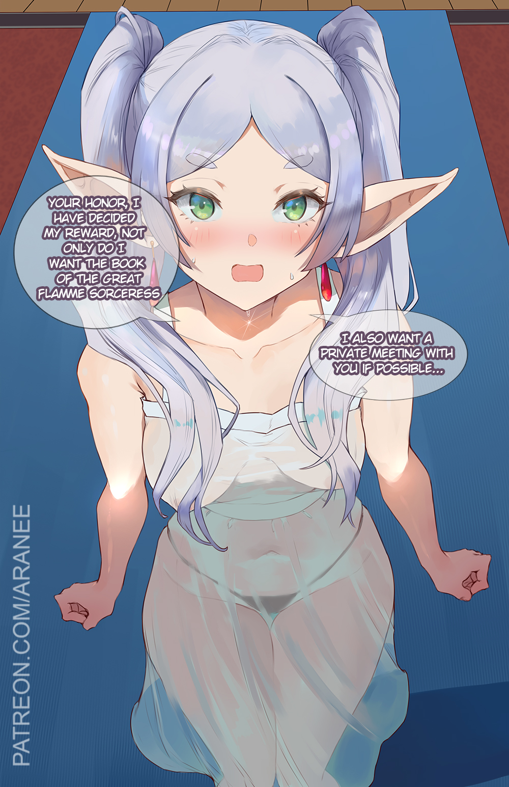 araneesama areola biped blush breasts clothing dialogue elf eyelashes female frieren frieren_beyond_journey's_end hair hi_res looking_at_viewer not_furry open_mouth panties pupils speech_bubble text thick_thighs translucent translucent_clothing underwear