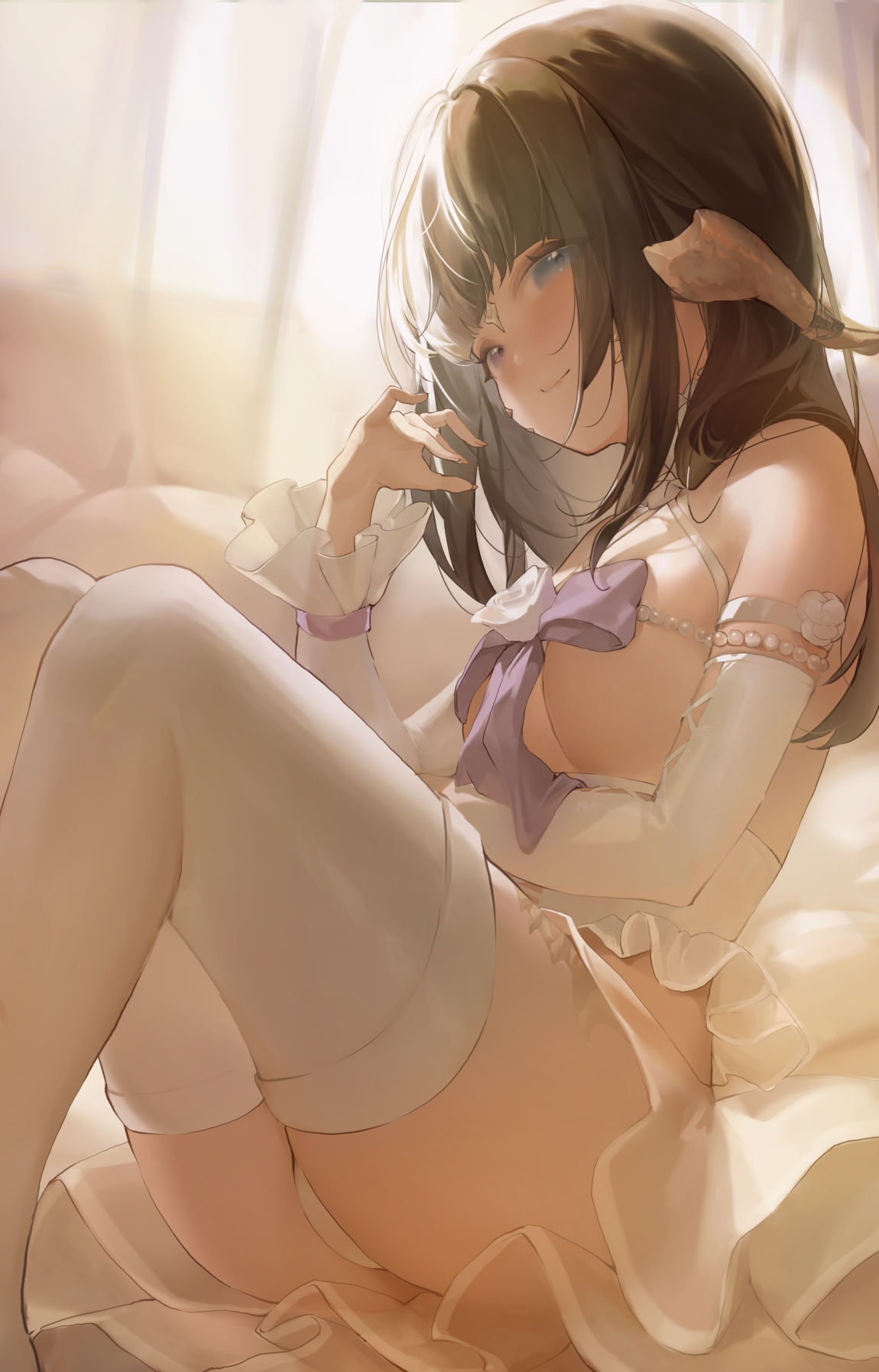 1girl au_ra black_hair blue_eyes blush breasts cleavage closed_mouth commission detached_sleeves dragon_girl dragon_horns final_fantasy final_fantasy_xiv flower frilled_sleeves frills heterochromia highres horns large_breasts long_hair looking_at_viewer metatarou purple_eyes rose scales sitting skeb_commission smile solo thighhighs warrior_of_light_(ff14) white_flower white_rose white_sleeves white_thighhighs