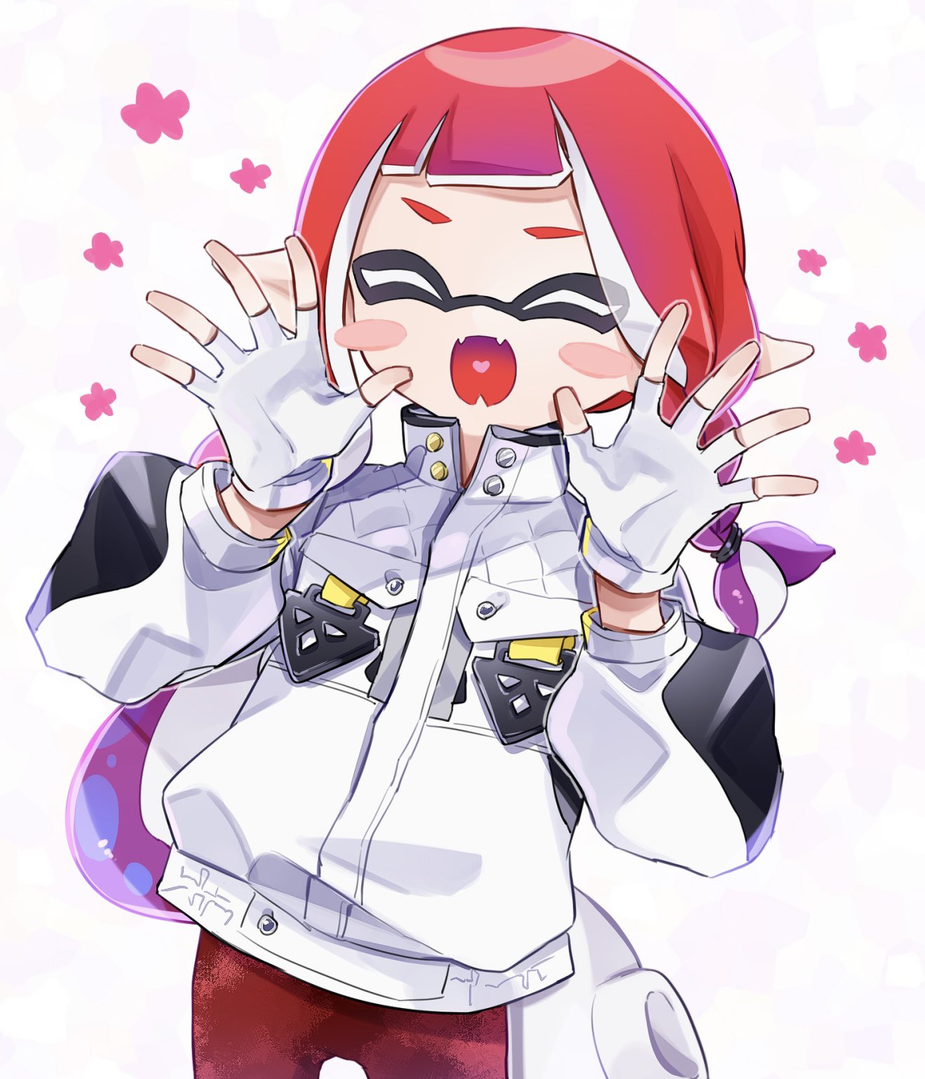 1girl arms_up blush closed_eyes colored_tips commentary fangs fingerless_gloves flower gloves highres inkling inkling_girl inkling_player_character jacket long_hair multicolored_hair open_mouth pants pointy_ears psya_ma purple_hair red_hair red_pants simple_background skin_fangs smile solo splatoon_(series) symbol-only_commentary tentacle_hair two-tone_hair white_background white_gloves white_jacket