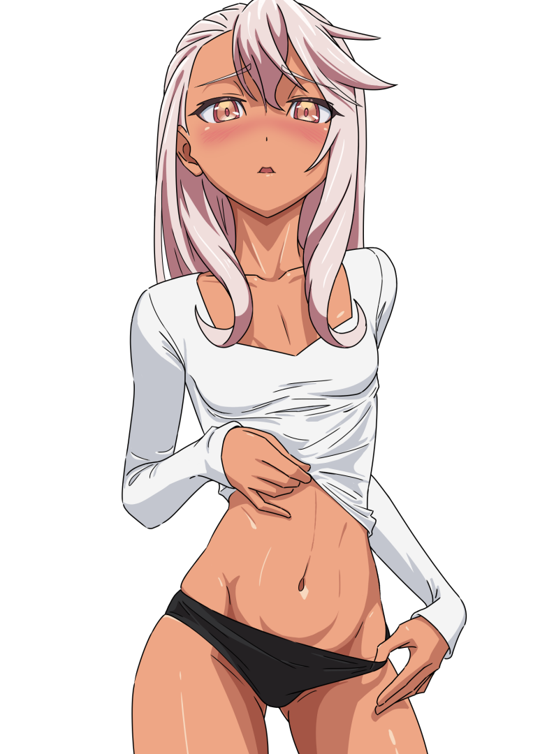 19_chisinlo 1girl black_panties blush breasts chloe_von_einzbern clothes_lift collarbone dark-skinned_female dark_skin fate/kaleid_liner_prisma_illya fate_(series) long_hair long_sleeves looking_at_viewer navel open_mouth orange_eyes panties pink_hair shirt sidelocks small_breasts solo thighs underwear white_shirt