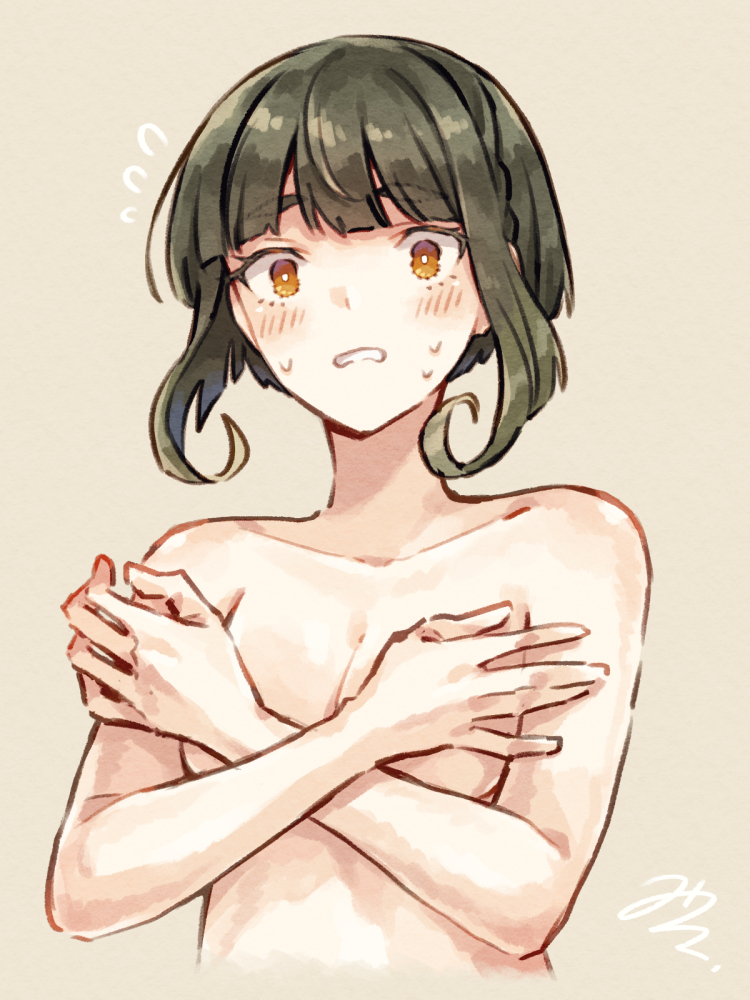 1girl blunt_bangs blush breasts covering_breasts covering_privates cropped_torso flying_sweatdrops green_hair grey_background kantai_collection looking_at_viewer miroku_san-ju nude orange_eyes signature simple_background small_breasts solo sweat takanami_(kancolle) upper_body