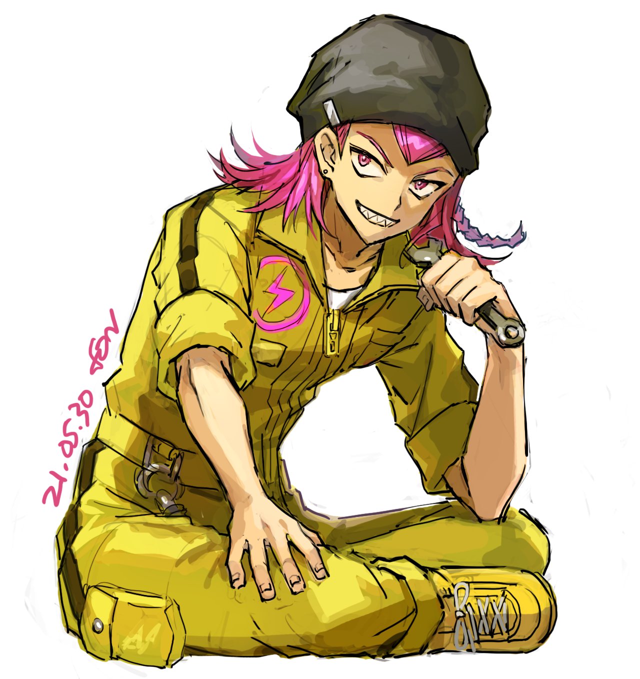 1boy beanie black_hat braid bright_pupils danganronpa_(series) danganronpa_2:_goodbye_despair dated earrings fingernails fon-due_(fonfon) hat highres holding holding_wrench jewelry jumpsuit looking_at_viewer male_focus pink_eyes pink_hair sharp_teeth signature simple_background sitting sleeves_rolled_up soda_kazuichi solo teeth white_background white_pupils wrench yellow_footwear yellow_jumpsuit