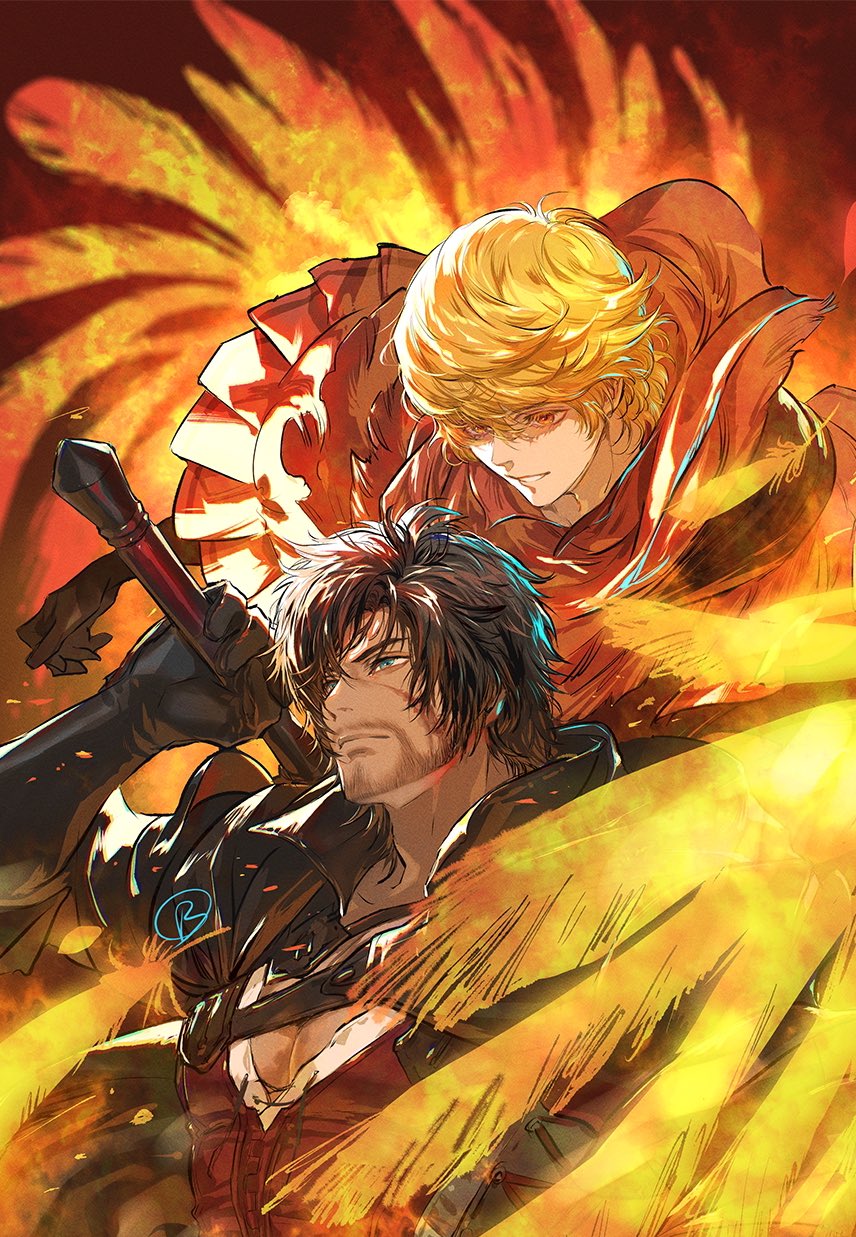 2boys beard_stubble black_cape black_gloves black_hair blonde_hair blue_eyes brothers cape chinstrap_beard clive_rosfield closed_mouth facial_hair final_fantasy final_fantasy_xvi fire gloves highres holding holding_sword holding_weapon joshua_rosfield multiple_boys orange_eyes parted_lips pectorals red_robe robe scar scar_on_face short_hair siblings strap stubble suzuki_rika sword sword_behind_back weapon